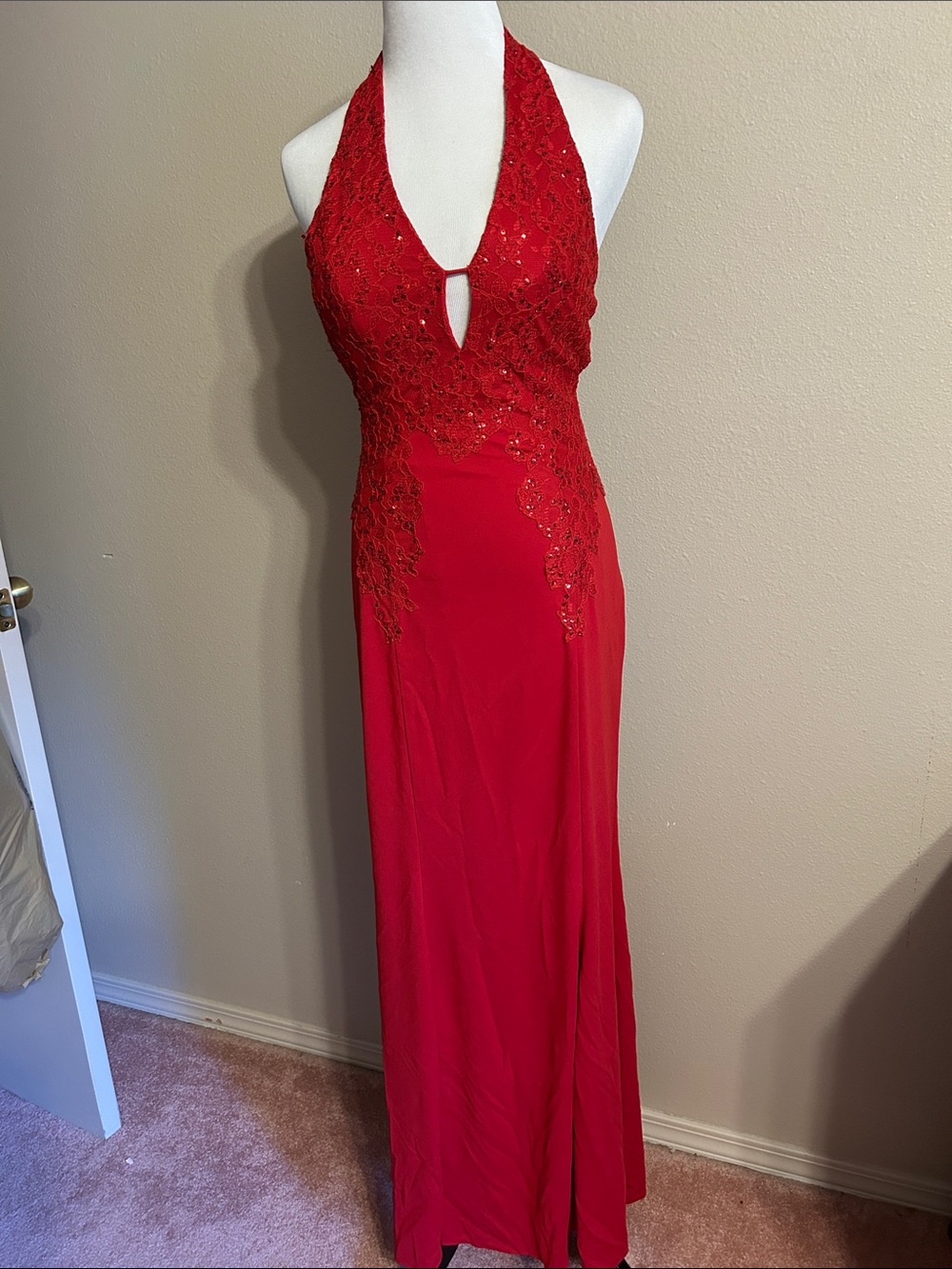 Niki Lavis Red Halter Lace Sequin Prom Gown
